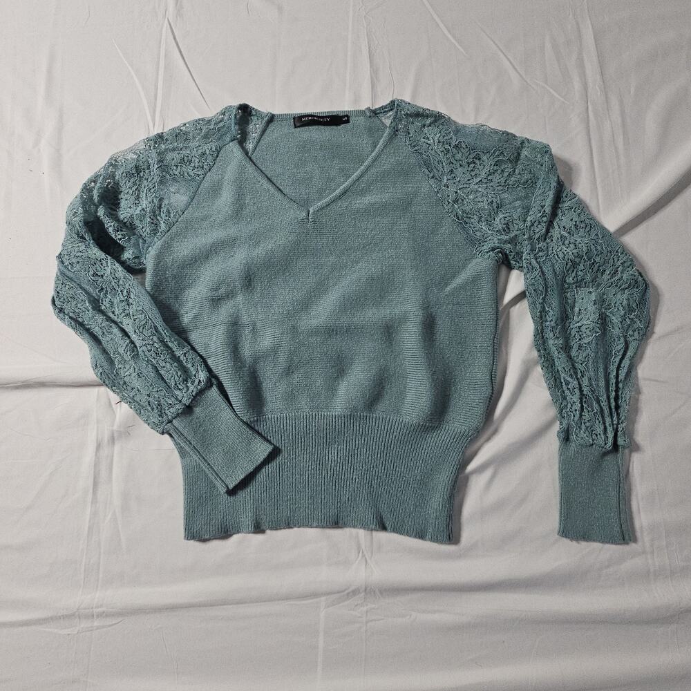Merokeety Lace Sleeve Sweater Womens Small Green Knit Ribbed V-Neck Sweater